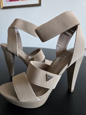 GUESS Nude Beige Elastic Strap Platform Sandal Heels